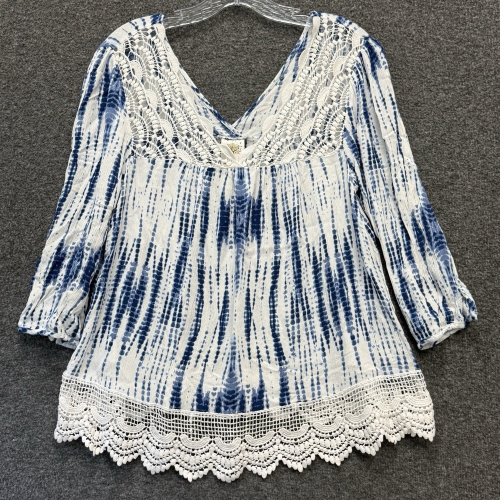 Self Esteem Boho Peasant Top XL Blue White Tie Dye Lace Crochet 3/4 Sleeve Tunic